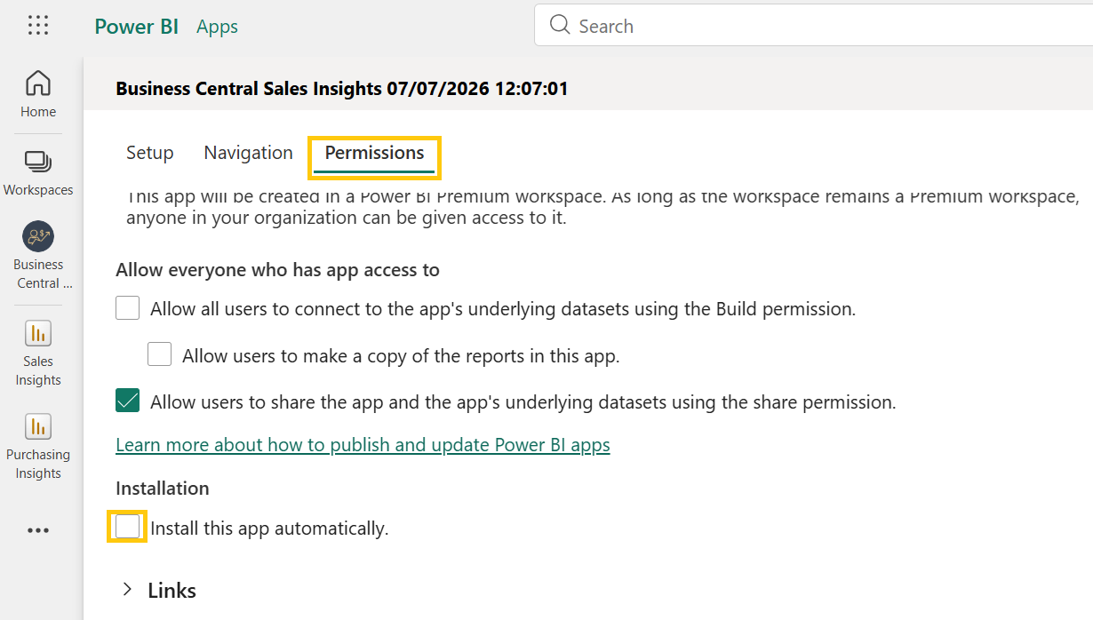 Power BI app settings showing Install this app automatically